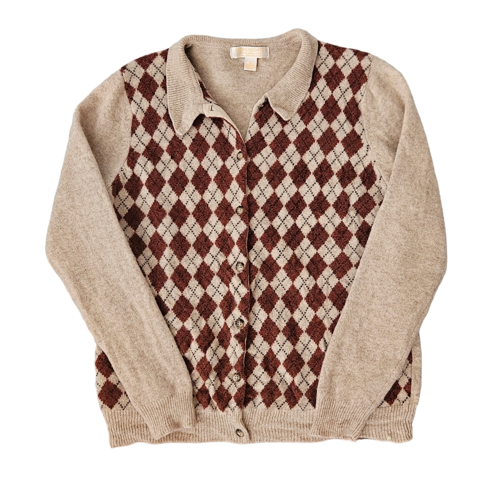 Brooks Brothers Vintage Lambswool Sweater Argyle Print Size Large Tan Brown